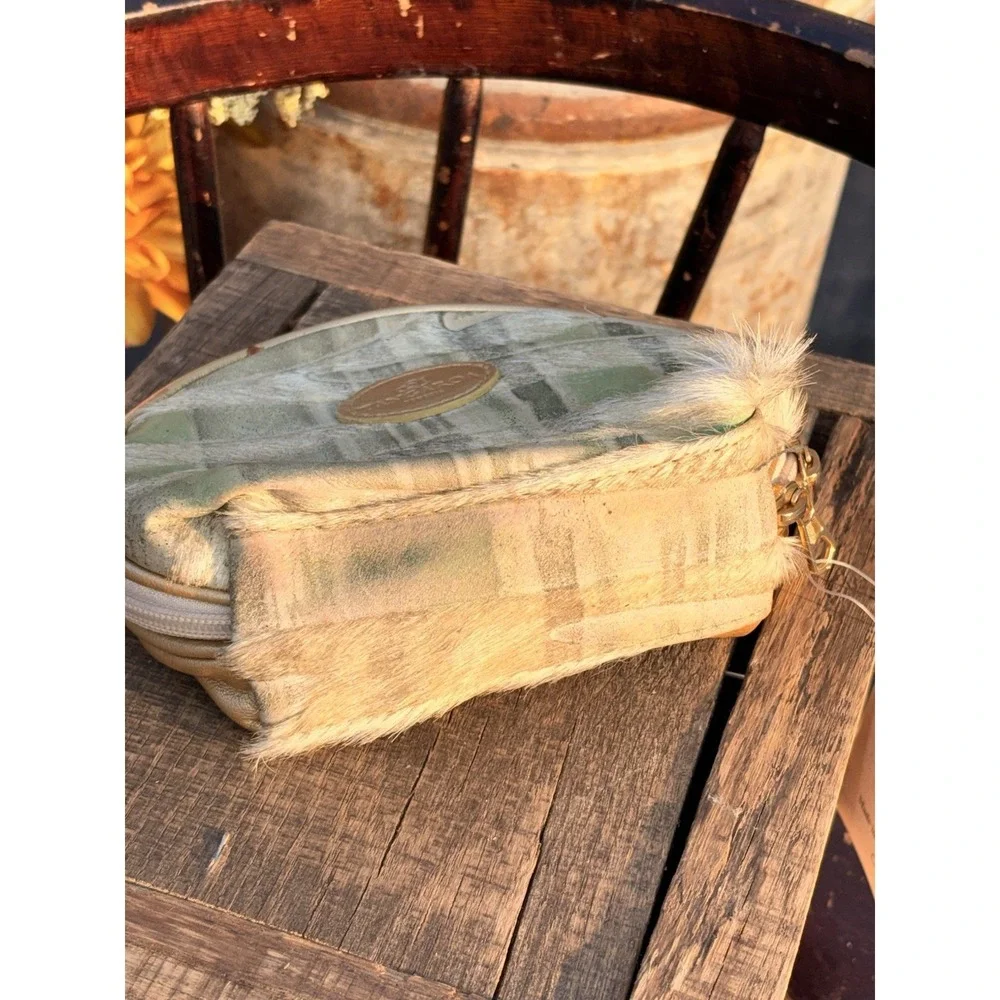 NWT Terrida Tangaroa Venice Leather And Hair On Hide Cosmetic Bag Plaid Sage Tan